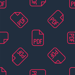 Red line PDF file document. Download pdf button icon isolated seamless pattern on black background. PDF file symbol. Vector