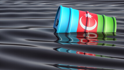 Oil drum with Azerbaijan national flag swimming in an ocean of black oil. 3D Rendering