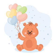 Fototapeta na wymiar Cute cartoon teddy bear with heart shaped balloons. Baby illustration, greeting card, vector