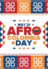 Afro-Colombian Day in Colombia. Celebrate annual in May 21. Freedom day poster. National holiday. Colombian flag. Afro-Colombian culture, history and heritage. Tradition pattern. Vector illustration