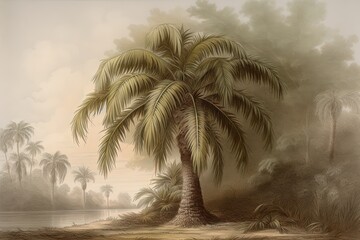 Serene Palm Tree Drawing Executed in Intricate Style of Browns and Greens with Delicate Linework, generative AI