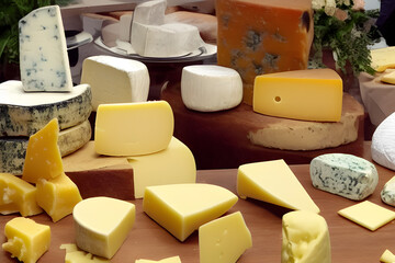 ai-generated illustration of a table full of various cheeses