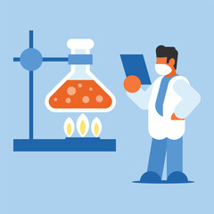 A man in a lab coat and a mask stands in front of a test tube with a yellow liquid inside.