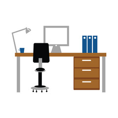 Workplace room, modern Interior, cabinet. Office with computer. Colorful vector illustration in flat cartoon style.