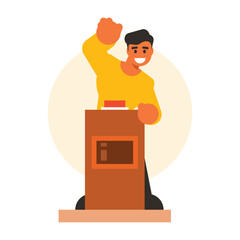 A man is standing behind a podium and the word speaker is on the front.