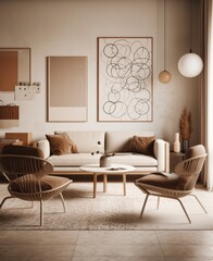 Fototapeta na wymiar Lavish Living Room with Designer Furniture, High Ceilings, and Elegant Decorative Accents in Natural Beige Tones.