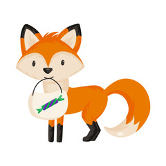 Cute Halloween fox holding a trick-or-treat basket for candies