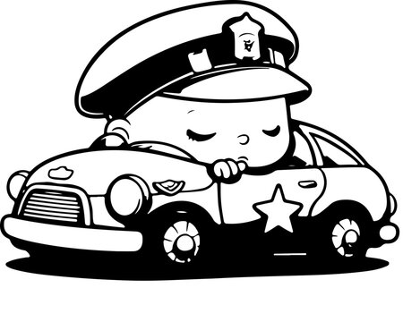 Baby Sleeping On A Police Car. Black And White Illustration In The Style Of A Sticker Or A Children's Book. Generative AI Technology