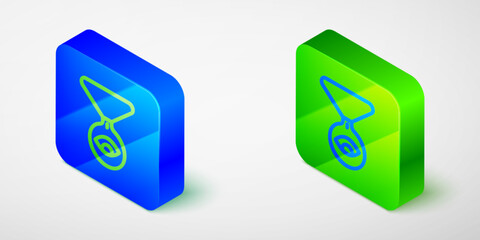 Isometric line Medallion on a chain with eye icon isolated on grey background. Magic amulet with eye. Blue and green square button. Vector