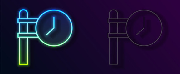 Glowing neon line Train station clock icon isolated on black background. Vector