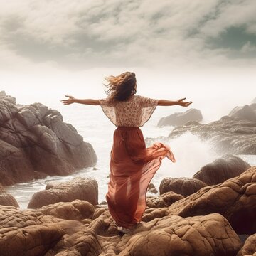 Woman with outstretched arms enjoying the wind and breathing fresh air on the rocky beach