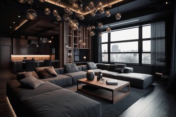 Fototapeta premium Living Room Oasis with Luxurious Furnishings, Expansive High Ceilings, and Timeless Elegance in black, Natural Tones