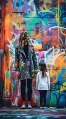 Obraz na płótnie Canvas A woman and a little girl standing in front of a graffiti wall. Generative AI image.