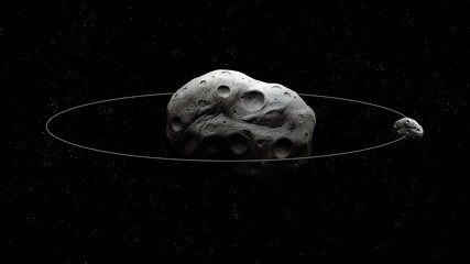Huge asteroid with a satellite. Orbit of a meteorite around a larger space rock. System of two asteroids. © Nazarii