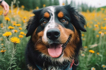 Portrait of cute bernese shepherd outdoors