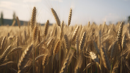 Golden field of ripe wheat. Ears. Generative ai.