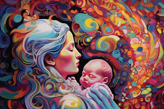 Transcend boundaries with a psychedelic embrace of maternal love in this captivating artwork."