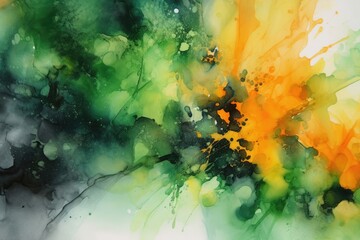 Obraz na płótnie Canvas Vibrant Fusion: Watercolor Painting of Green and Orange, Decorative Abstract Background Brimming with Creative Expressiveness