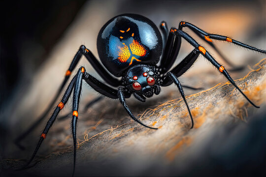 Black poisonous spider with red eyes
