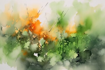 Vibrant Fusion: Watercolor Painting of Green and Orange, Decorative Abstract Background Brimming with Creative Expressiveness