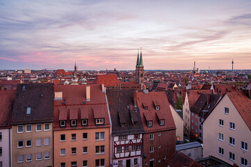 Fototapeta na wymiar View of Nuremberg old town at sunset from Castle of Nuremberg