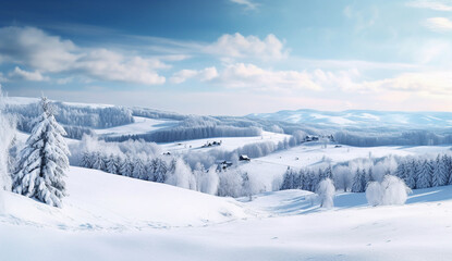 Beautiful pristine winter landscape in a hilly region on a bright sunny day
