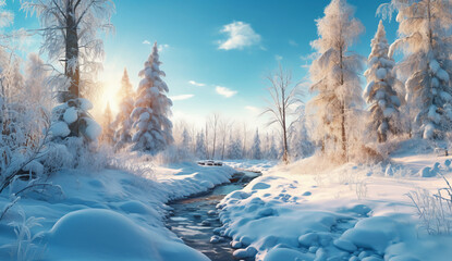Beautiful winter wonderland at a stream on a sunny day