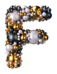 Alphabets letter F of jewelry balls in black and yellow gold and pearls. Jewelry balls font Isolated on transparent background. 3D render