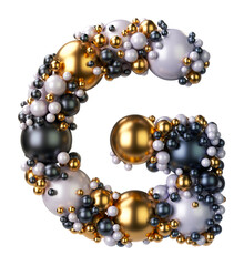 Alphabets letter G of jewelry balls in black and yellow gold and pearls. Jewelry balls font Isolated on transparent background. 3D render