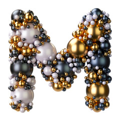 Alphabets letter M of jewelry balls in black and yellow gold and pearls. Jewelry balls font Isolated on transparent background. 3D render