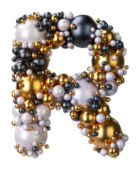 Alphabets letter R of jewelry balls in black and yellow gold and pearls. Jewelry balls font Isolated on transparent background. 3D render