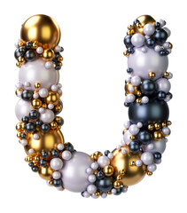 Alphabets letter U of jewelry balls in black and yellow gold and pearls. Jewelry balls font Isolated on transparent background. 3D render