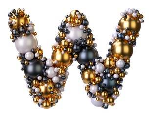 Alphabets letter W of jewelry balls in black and yellow gold and pearls. Jewelry balls font Isolated on transparent background. 3D render