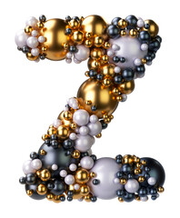 Alphabets letter Z of jewelry balls in black and yellow gold and pearls. Jewelry balls font Isolated on transparent background. 3D render