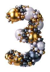 Alphabets number 3, Three of jewelry balls in black and yellow gold and pearls. Jewelry balls font Isolated on transparent background. 3D render