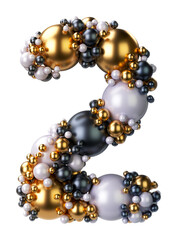Alphabets number 2, Two of jewelry balls in black and yellow gold and pearls. Jewelry balls font Isolated on transparent background. 3D render