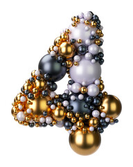 Alphabets number 4, Four of jewelry balls in black and yellow gold and pearls. Jewelry balls font Isolated on transparent background. 3D render