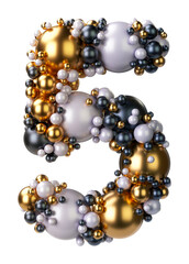 Alphabets number 5, Five of jewelry balls in black and yellow gold and pearls. Jewelry balls font Isolated on transparent background. 3D render