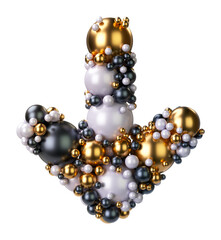 Alphabets symbol Arrow Bottom of jewelry balls in black and yellow gold and pearls. Jewelry balls font Isolated on transparent background. 3D render
