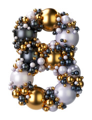 Alphabets number 8, Eight of jewelry balls in black and yellow gold and pearls. Jewelry balls font Isolated on transparent background. 3D render