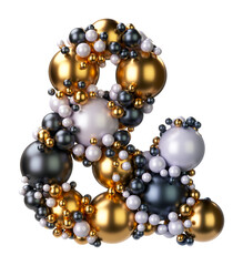 Alphabets symbol Ampersand of jewelry balls in black and yellow gold and pearls. Jewelry balls font Isolated on transparent background. 3D render