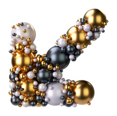 Alphabets symbol Arrow Left Bottom of jewelry balls in black and yellow gold and pearls. Jewelry balls font Isolated on transparent background. 3D render