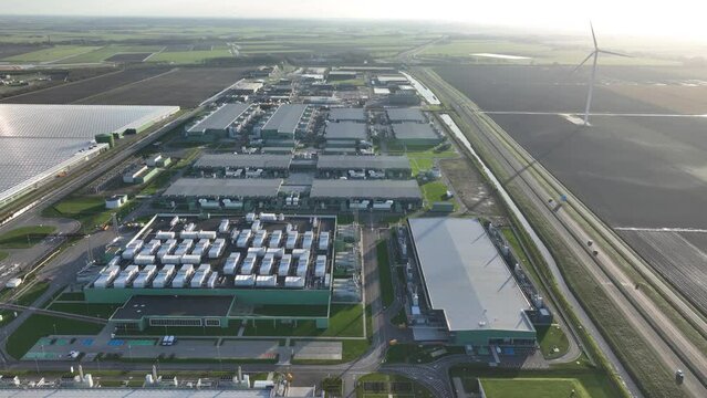 Aerial view of datacenter exterioir. Large scale computing infrastructure.