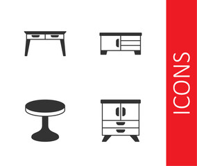 Set Chest of drawers, Office desk, Round table and TV stand icon. Vector
