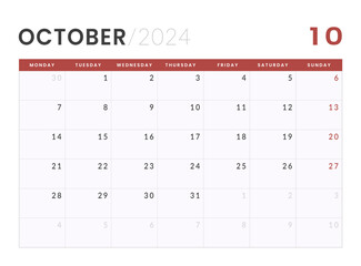 Monthly Calendar Template of october 2024. Vector layout of a wall or desk simple calendar with week start monday
