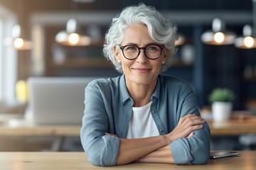 Fototapeta na wymiar A mature, intelligent female business owner in glasses sits at her desk, hand on chin, looking confidently at the camera. She is a successful, passionate professional who loves her job. Generative AI