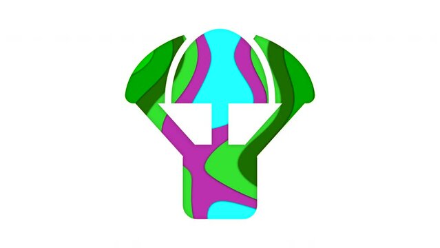 Multi-colored icon parachute box with colored spots floating inside. Looped from frame 120 to 839, Alpha BW at the end