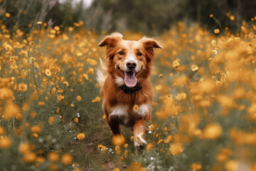 Playful and happy dog runs through a flower field