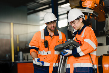 Supervisor, worker with hard hat working in manufacturing factory. Male and Female Industrial Engineers in Hard Hats Discuss New Project while Using Laptop. Heavy Industry Manufacturing Factory.