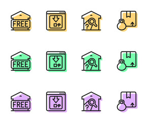 Set line Warehouse check, Free storage, Online app delivery tracking and Carton cardboard box icon. Vector